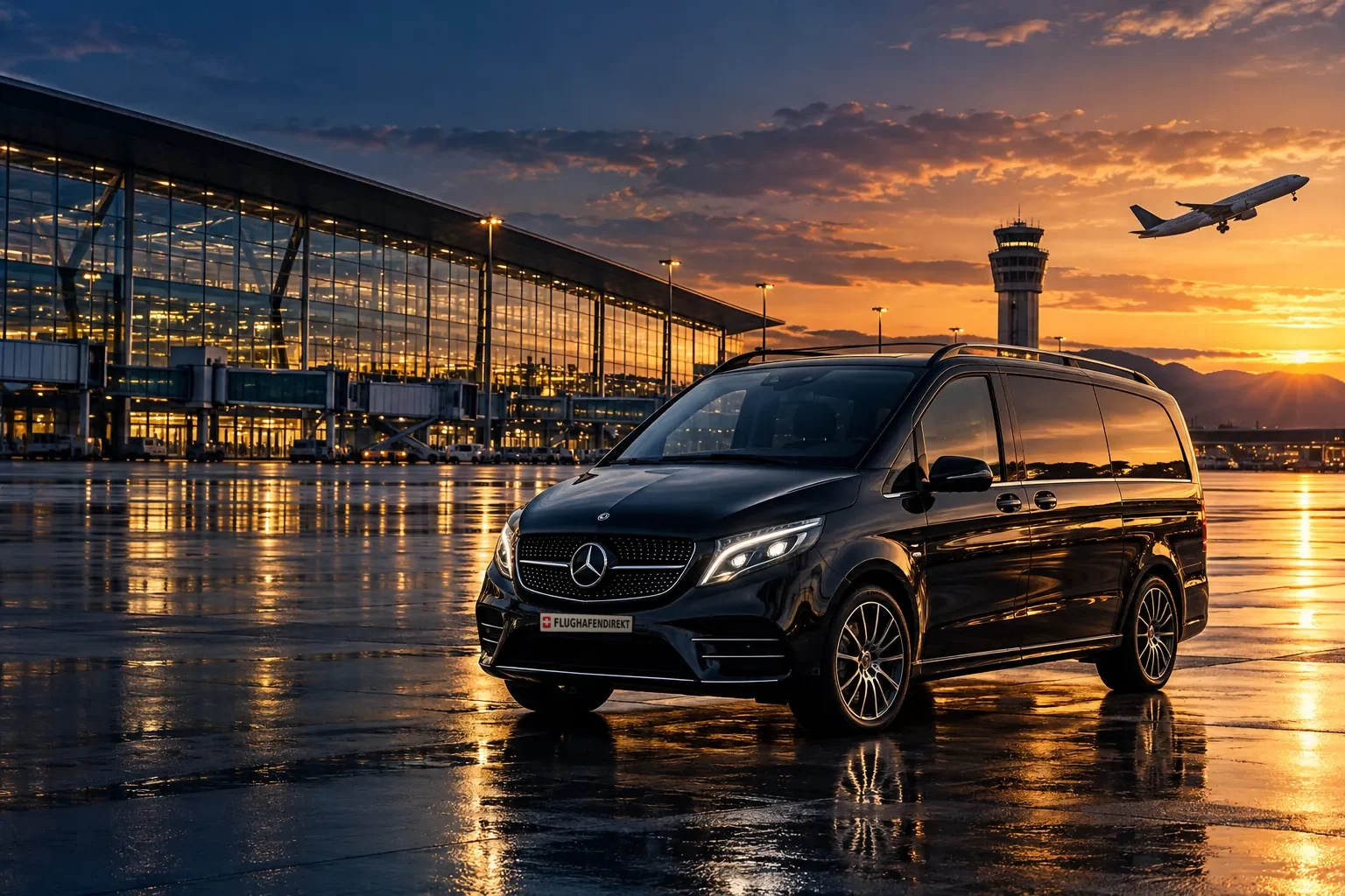 Schwarze Mercedes V-Klasse für den Flughafentransfer vor einem Flughafenterminal bei Sonnenuntergang