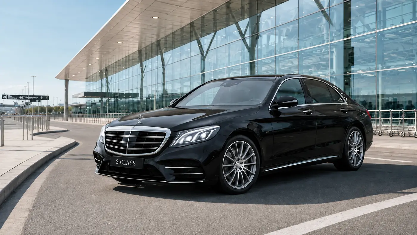 Schwarze Mercedes S-Klasse für den Flughafentransfer