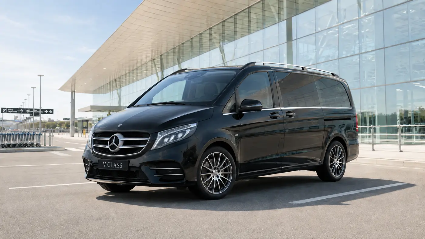 Schwarze Mercedes V-Klasse für den Flughafentransfer