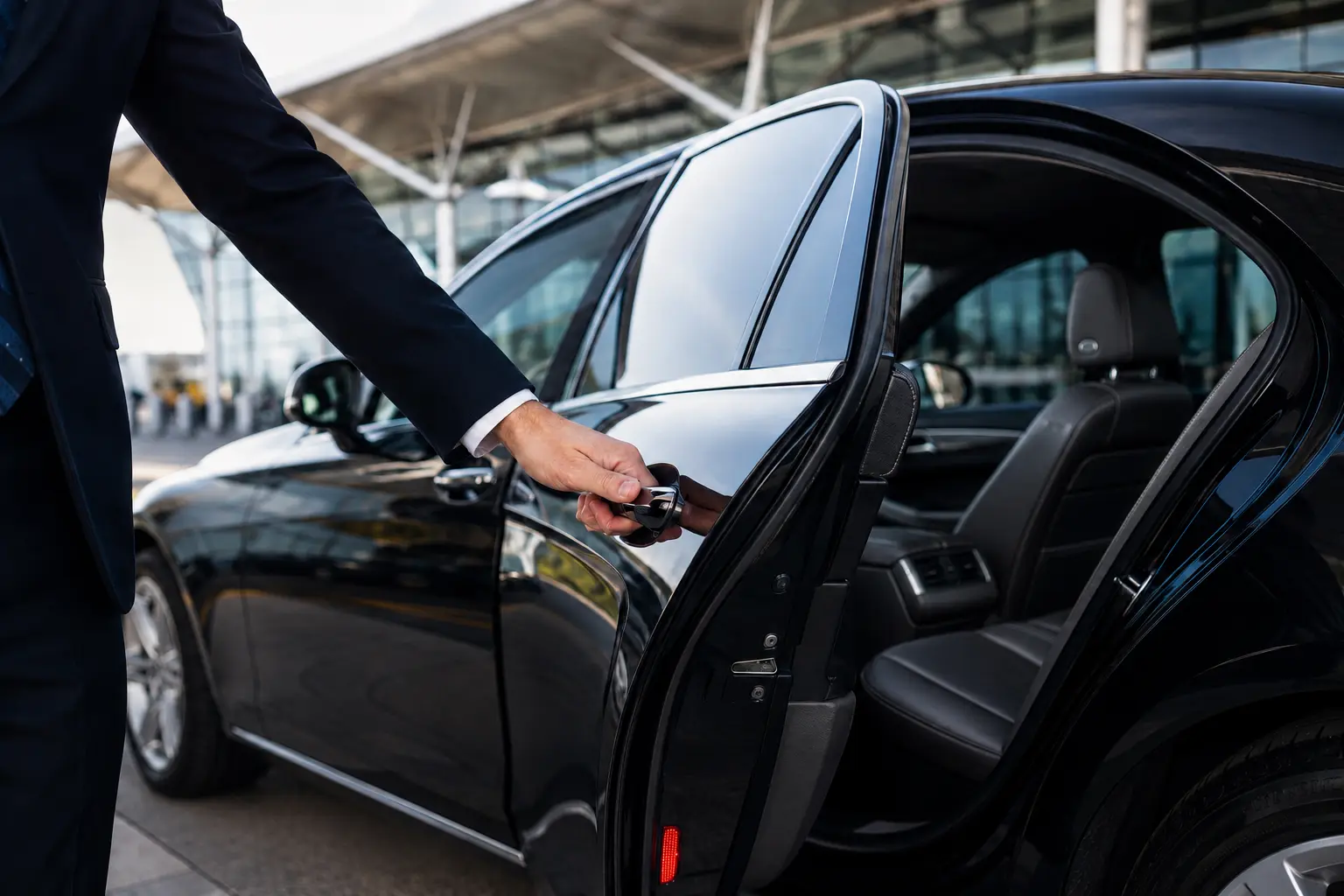 Chauffeur öffnet die hintere Fahrzeugtür für einen Fahrgast